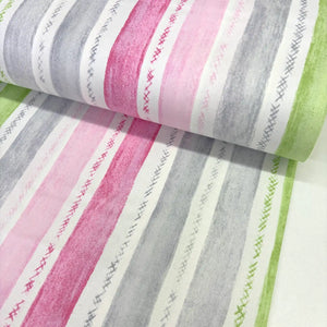 Grey, pink and green pastel painterly stripe cotton poplin fabric featuring hand-painted effect stripes on a white background.