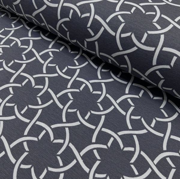 Dark grey charcoal white art deco floral print upholstery curtain fabric.