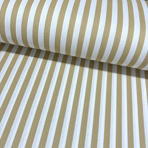 Beige and white striped 100% cotton poplin fabric featuring classic tan stripes, ideal for quilting, dressmaking, patchwork, crafts and home décor.