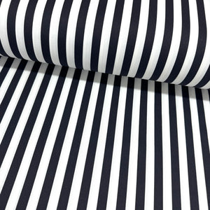 Black and white cotton stripe fabric with a classic vertical striped pattern, ideal for quilting, dressmaking, patchwork, crafts and home décor.