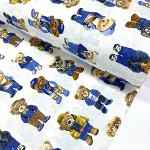 Blue and brown teddy bear cotton fabric featuring fashionable bears on a white background.