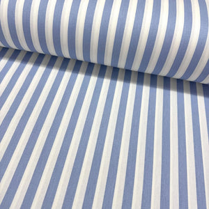 Blue and white baby blue striped 100% cotton poplin fabric for quilting, dressmaking, patchwork, nursery sewing, crafts and home décor.
