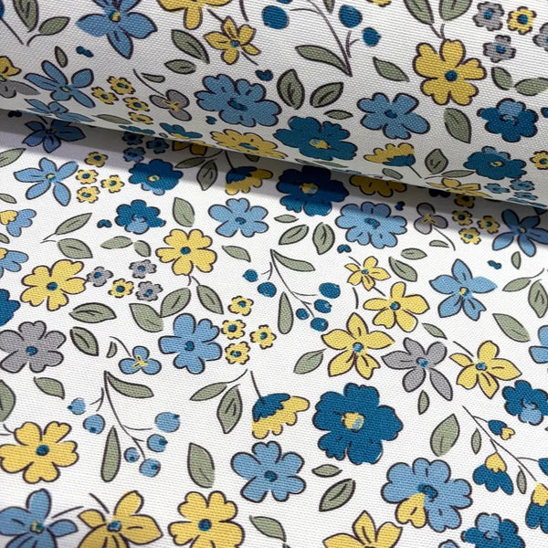 Blue yellow floral meadow fabric for upholstery & curtain.
