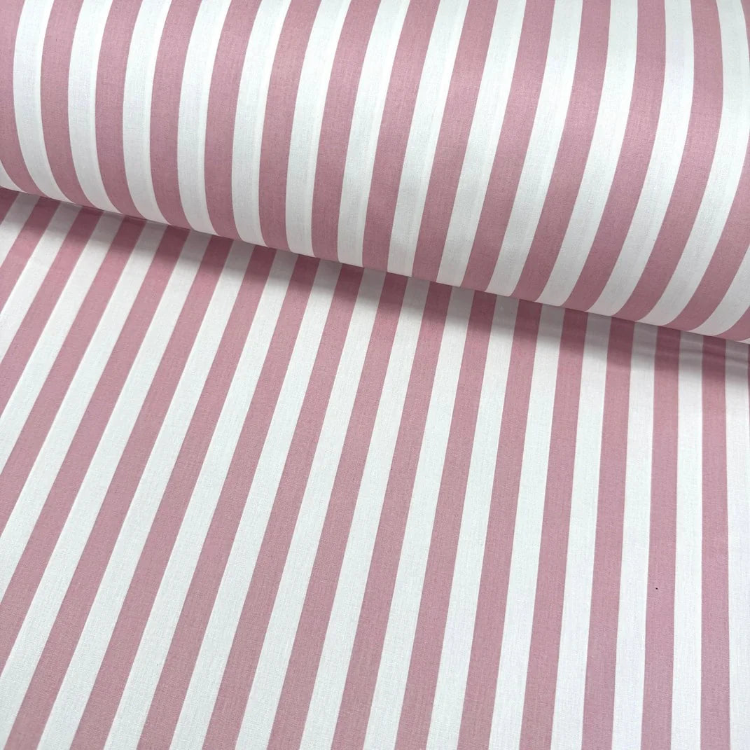 Blush pink and white striped 100% cotton poplin fabric with dusty pink vertical stripes, ideal for quilting, dressmaking, patchwork, home décor and craft projects.
