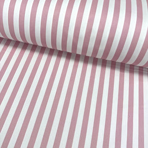Blush pink and white striped 100% cotton poplin fabric with dusty pink vertical stripes, ideal for quilting, dressmaking, patchwork, home décor and craft projects.