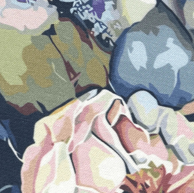 Close-up of upholstery fabric with floral patterns.