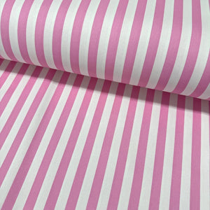 Candy pink and white striped 100% cotton poplin fabric with classic vertical stripes, ideal for quilting, dressmaking, patchwork and home décor.