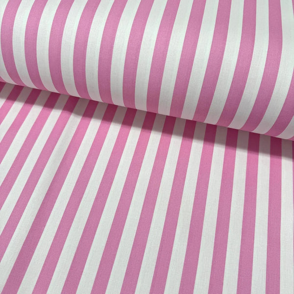 Candy pink and white striped 100% cotton poplin fabric with classic vertical stripes, ideal for quilting, dressmaking, patchwork and home décor.
