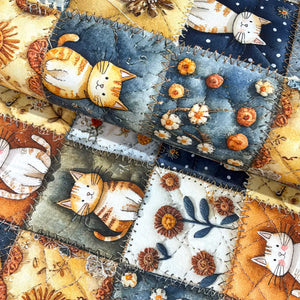 Cartoon cat 100% cotton poplin fabric featuring vintage floral patchwork squares, stitched details and cosy cottagecore colours.