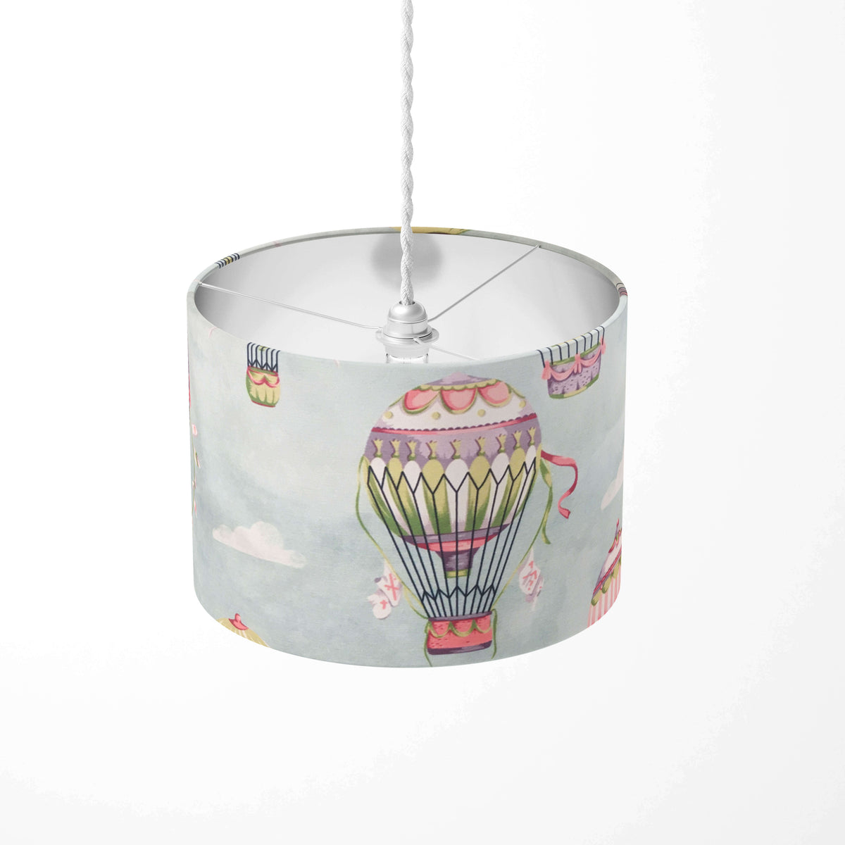 Baby blue ceiling drum lampshade with hot air balloons and clouds design.