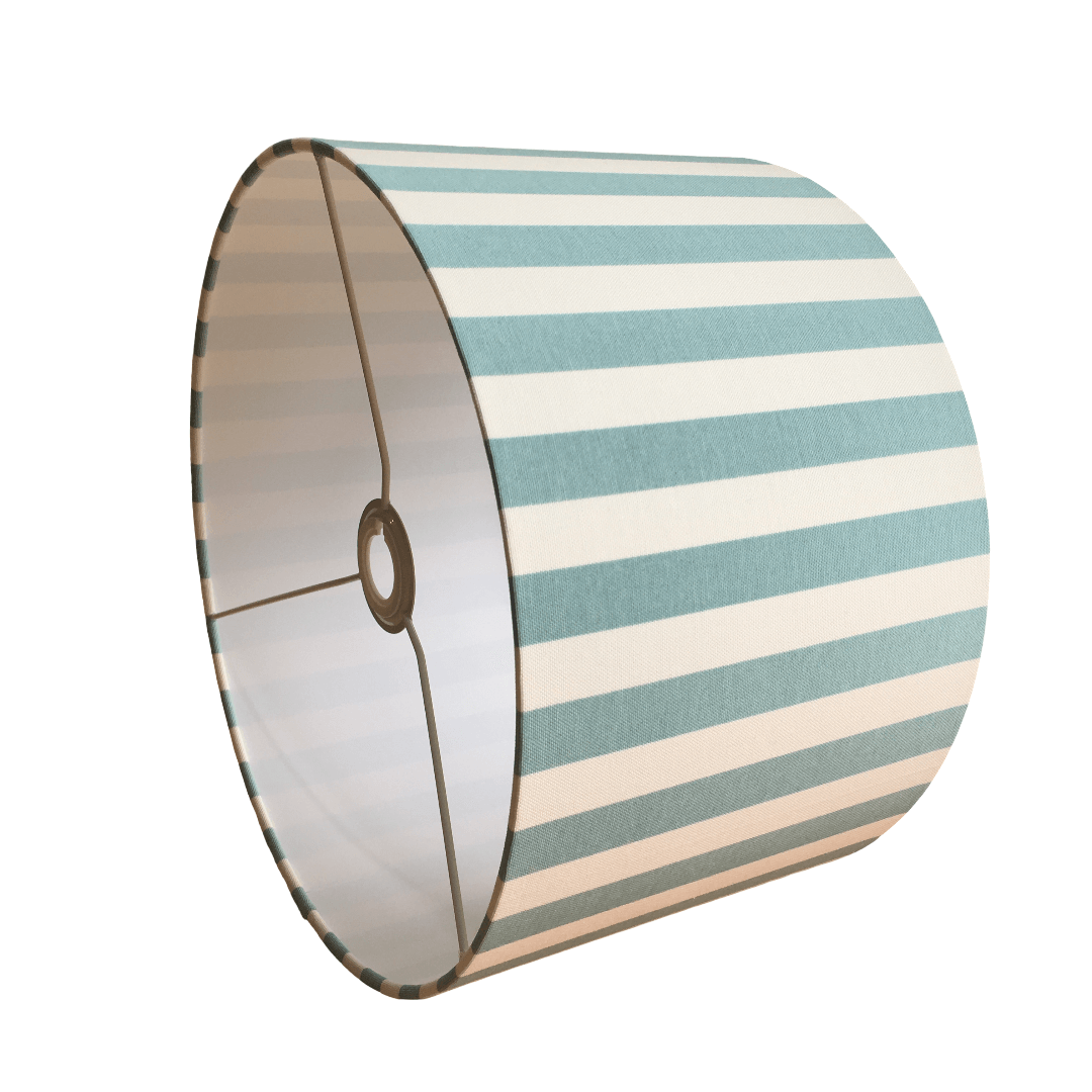 Striped lampshade with duck egg and white pattern on a white background.