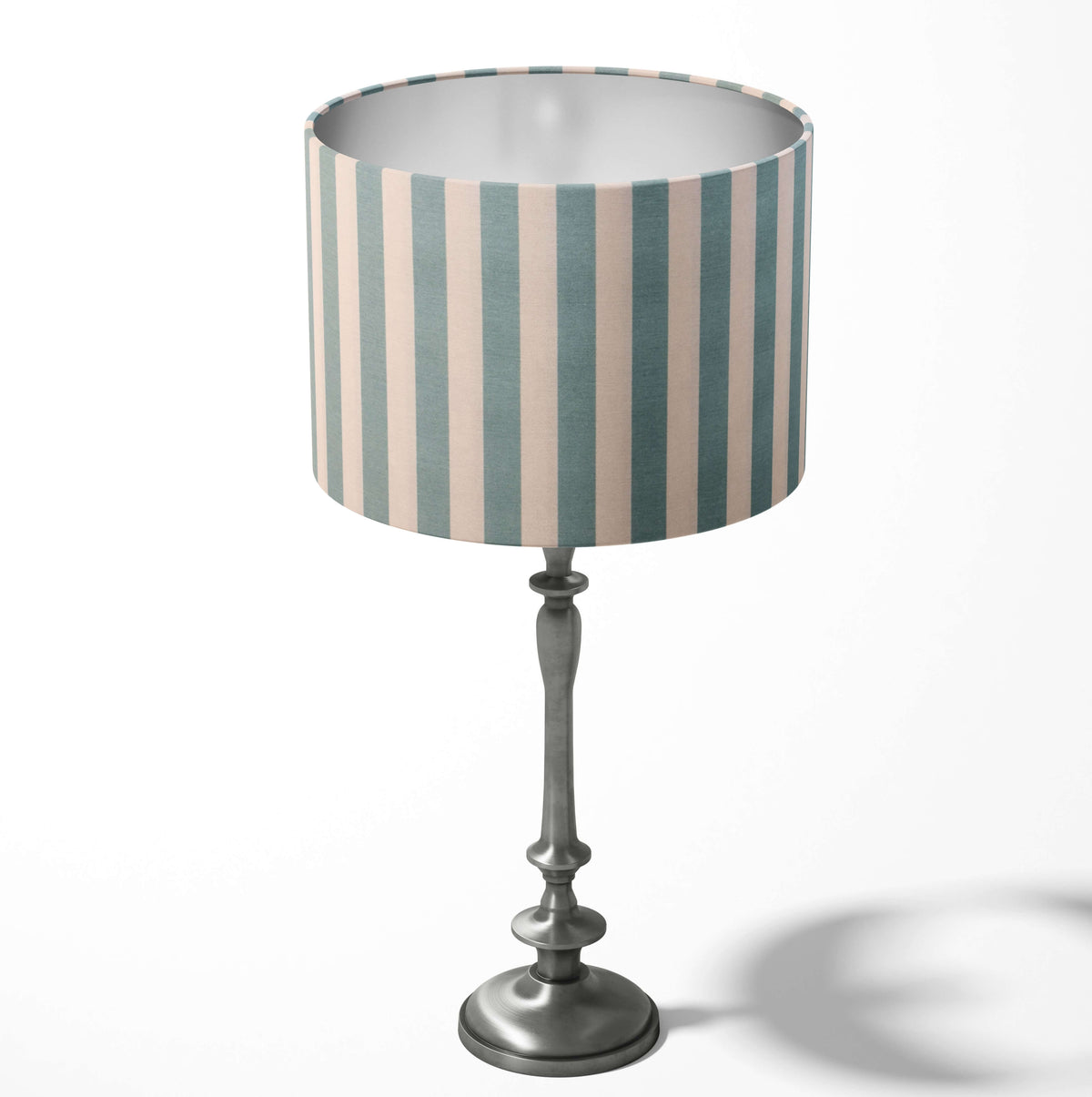 Duck egg white stripe table and floor lampshade.