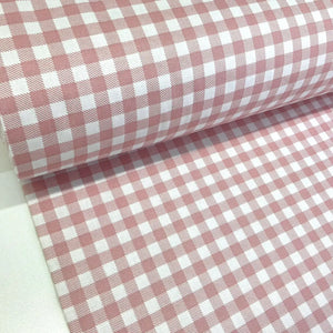 Dusky pink and white gingham 100% cotton fabric with a classic checked pattern, ideal for quilting, dressmaking, patchwork, crafts and home décor.