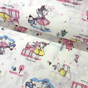 White cotton poplin fabric featuring fairy princesses, woodland deer, birds, stars and forest trees in pastel colours.