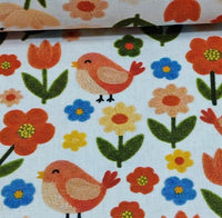 Colourful folk art floral bird print fabric for upholstery, curtain and blind projects.