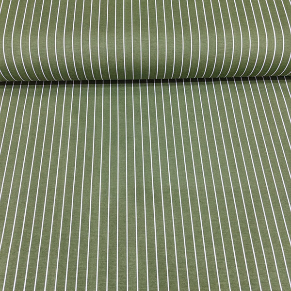 Roll of green fabric with white pinstripes cotton canvas fabric