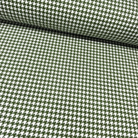 Houndstooth pattern fabric with moss green and white geometric checkered design for upholstery curtain and home decor.