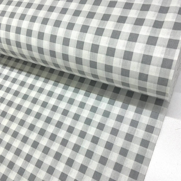 Grey and white gingham check 100% cotton fabric with a classic checkered pattern, ideal for dressmaking, quilting, patchwork, crafts and home décor.