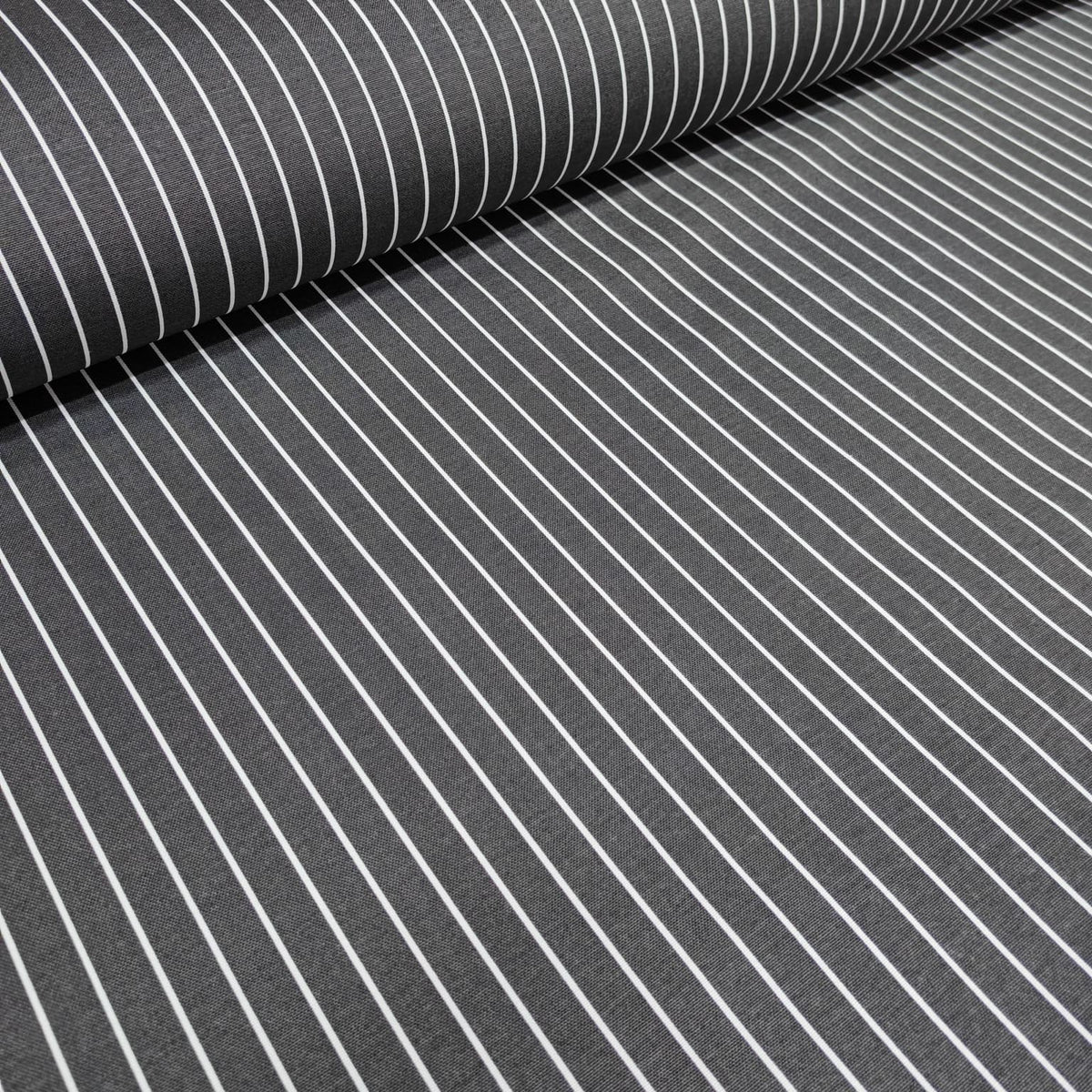 Gray cotton curtain fabric with white vertical stripes