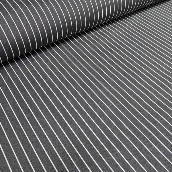 Gray cotton curtain fabric with white vertical stripes