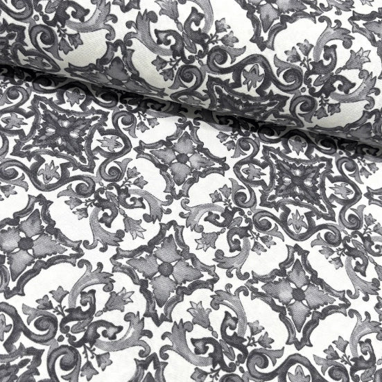 Art deco upholstery curtain fabric printed with grey white italian tiles.