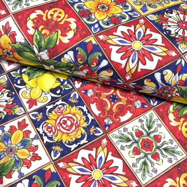 Colorful ceramic tiles with floral and geometric patterns.