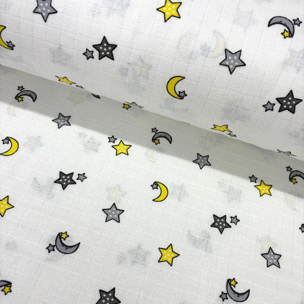 Yellow and grey moon and start print cotton muslin double gauze fabric or babies.