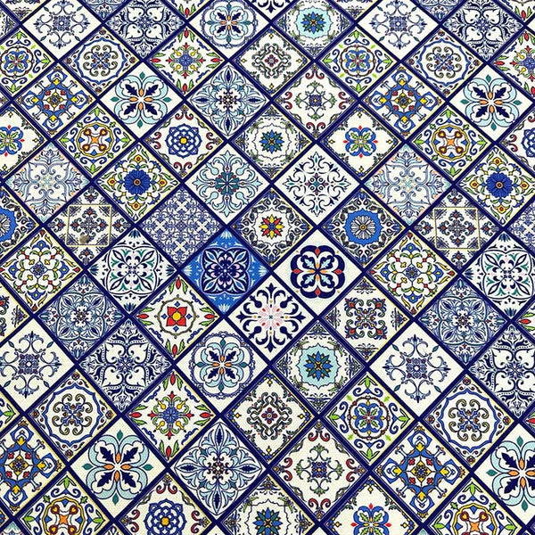 Turkish ceramic moroccan tile upholstery fabric with geometric and floral designs on a white background.
