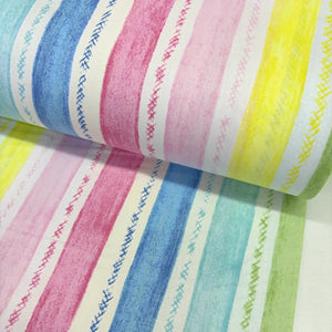 Multicolour pastel painterly stripe cotton poplin fabric featuring pink, blue, turquoise, yellow and green stripes on a white background.