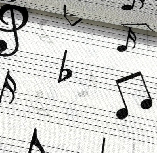 Close-up of fabric patterned with musical notes on a sheet of music.