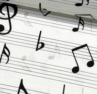 Close-up of fabric patterned with musical notes on a sheet of music.