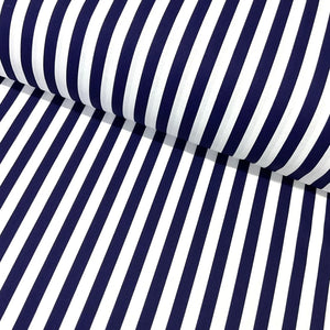 Navy and white nautical striped 100% cotton poplin fabric for quilting, dressmaking, patchwork, crafts, bags and coastal home décor.