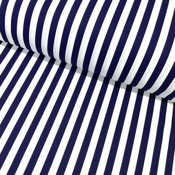 Navy and white nautical striped 100% cotton poplin fabric for quilting, dressmaking, patchwork, crafts, bags and coastal home décor.