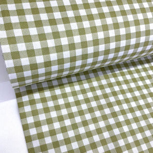 Olive green and white gingham cotton poplin fabric featuring a classic check pattern.