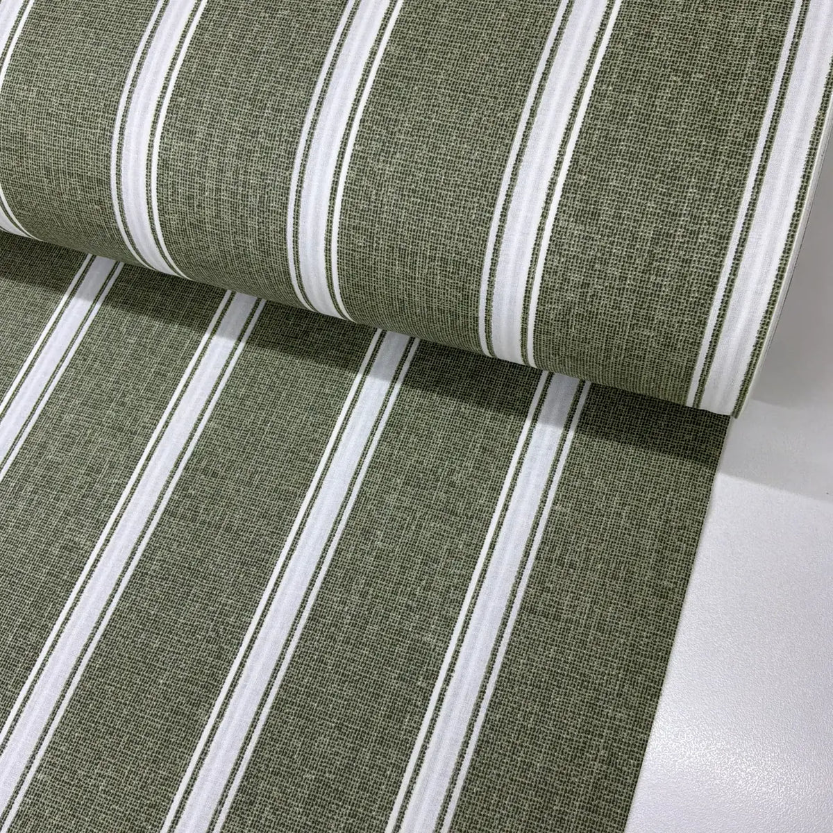 Olive green ticking stripe cotton poplin fabric with classic white vertical stripes and a rustic linen-look print, ideal for dressmaking, quilting, patchwork and home décor.