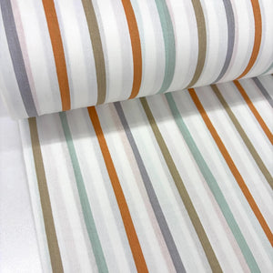 Orange and duck egg painted stripe cotton poplin fabric with pastel grey, taupe and ivory stripes, ideal for dressmaking, quilting, patchwork and craft projects.