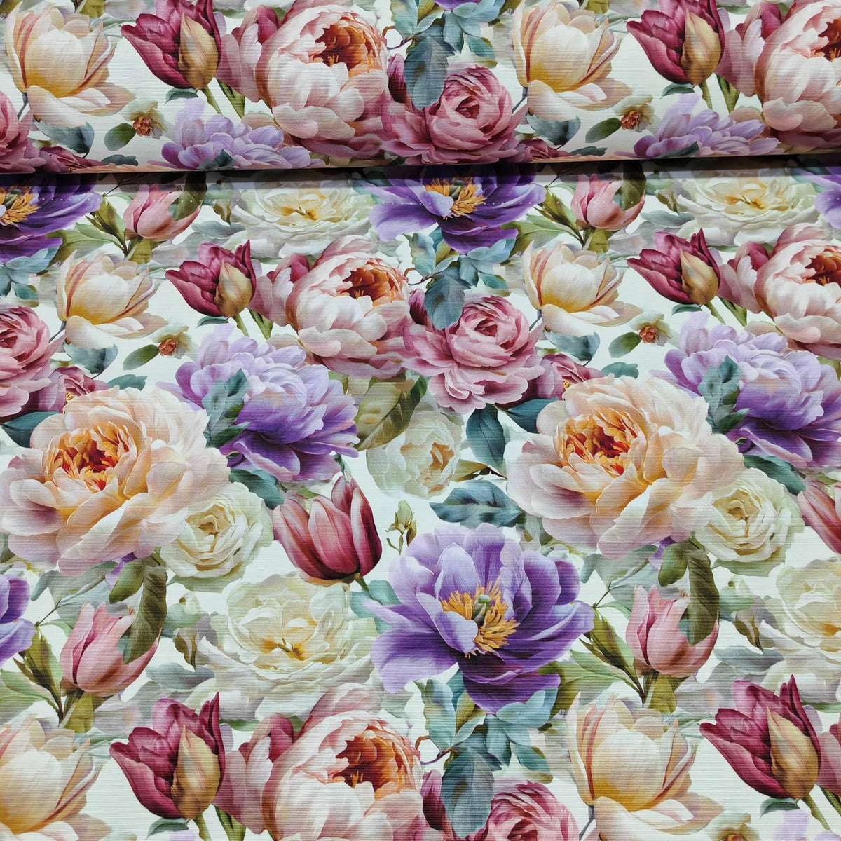 Floral tapestry fabric with pink, purple, and cream peony flowers.