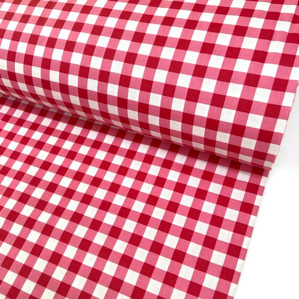Red and white gingham cotton fabric with a classic check pattern, ideal for quilting, sewing, dressmaking, patchwork, crafts and home décor.