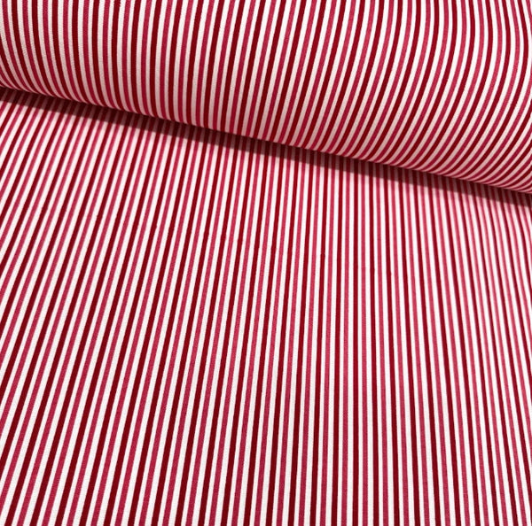 Red burgundy and white thin stripe cotton canvas fabric for upholstery curtain soft furnishing.