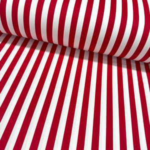Bright red and white striped 100% cotton poplin fabric with a modern stripe pattern, ideal for quilting, dressmaking, patchwork, crafts and home décor.