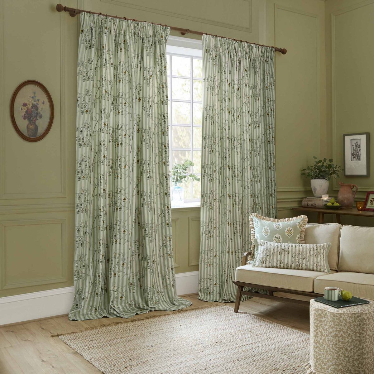 Sanderson Chinese Lanterns Embroidered Sage Green Cream Stripe Curtain