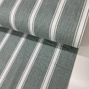 Sage green ticking stripe cotton fabric with a linen-look print and white vertical stripes, ideal for quilting, dressmaking, patchwork and rustic home décor projects.