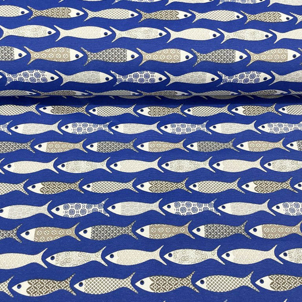 Fish Print Fabric, Nautical Ocean Royal Blue Upholstery Curtain Fabric