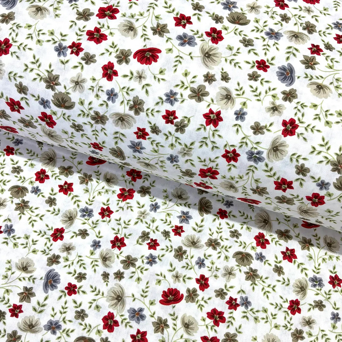 Small floral print fabric patterned with red, taupe, and sage green flowers on a white background.