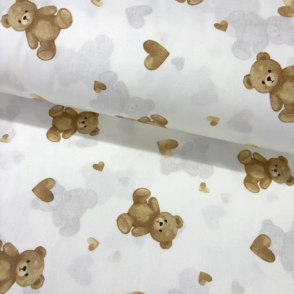 100% cotton poplin fabric with brown teddy bear and heart pattern on a white background.