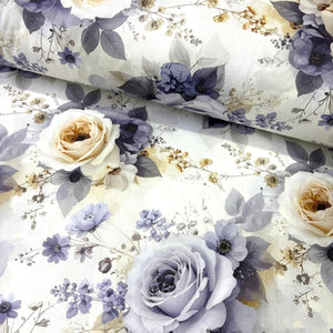 White cotton poplin fabric featuring large violet and ivory roses, ideal for dressmaking, quilting, patchwork and craft projects.