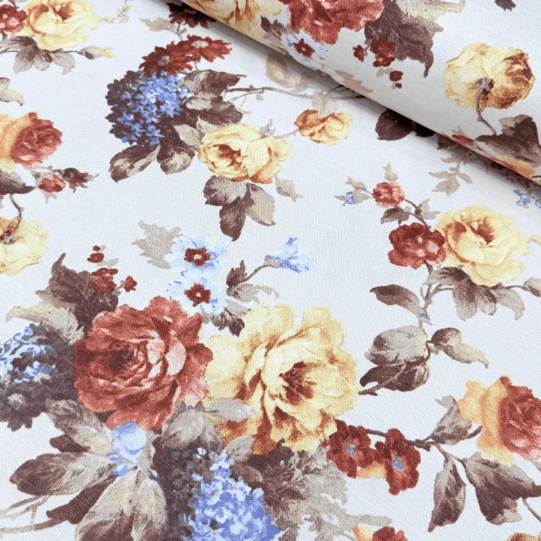 Vintage terracotta and yellow rose and blue floral fabric for upholstery, curtain, soft furnishing and home decor.
