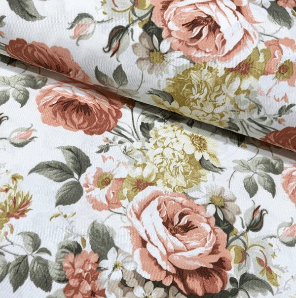 Vintage peach rose, yellow hydrangea flowers and sage green leaves fabric for upholstery, curtain, soft furnishing and home decor.