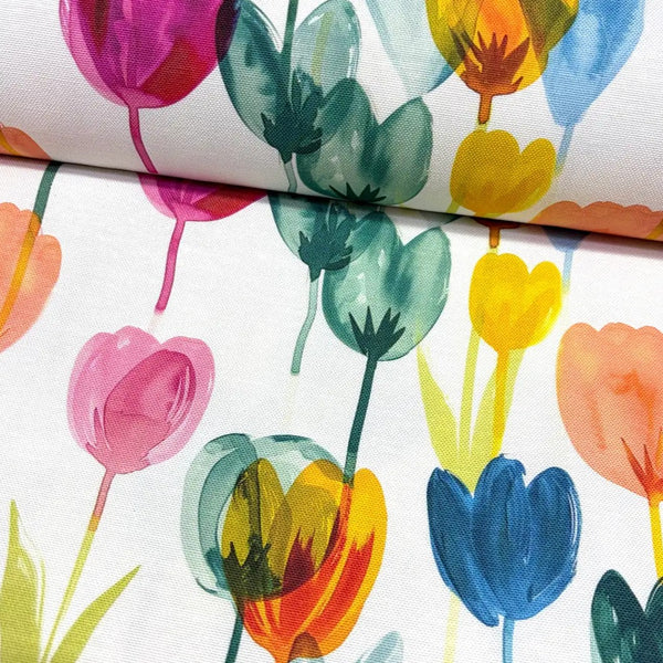 Watercolour tulip patterned upholstery fabric.