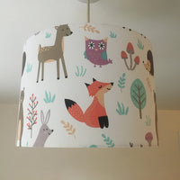 Fox, reindeer, owl, hedgehog and rabbit patterned lampshade for nursery and baby room.